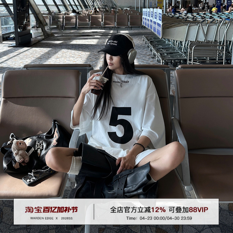 Han Hao Tian Warden Edge White Drop-Shoulder T-Shirt for Women, Loose and Lazy Style, Wide Version, Short-Sleeved, Round-Neck, Pure Cotton Top