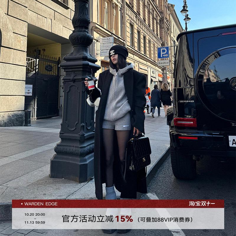 Hanhaotian Warden Edge Black Wool Coat for Women, Petite Size, High-End and Elegant Long Woolen Coat