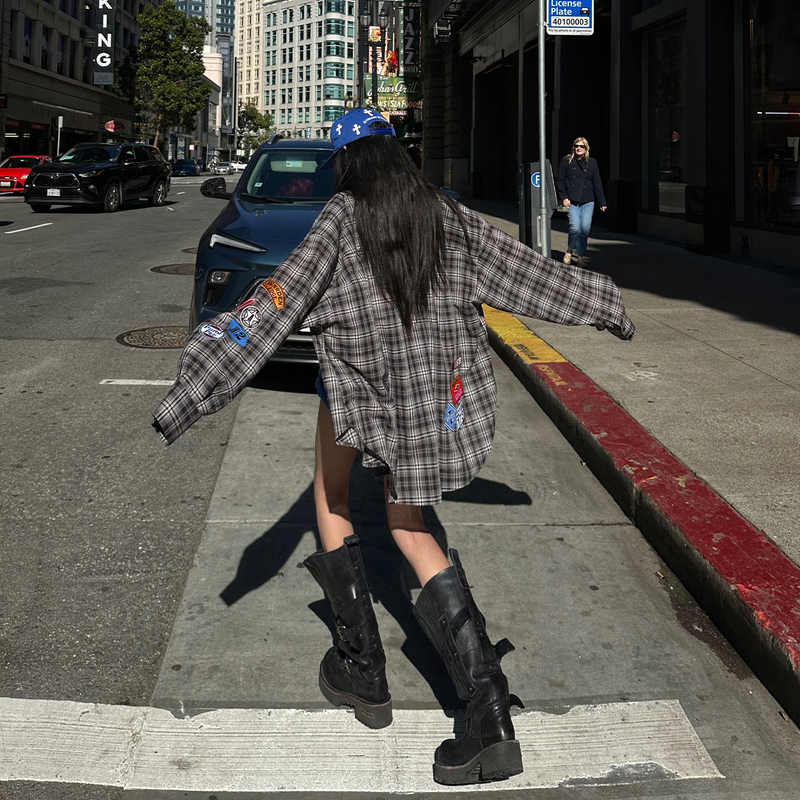 Han Hao Tian Warden Edge Is Born Against the Tide, Black Plaid Shirt, Summer Loose-Fitting Pure Cotton Lapel Long-Sleeved Jacket Han Hao Tian Warden Edge Is Born Against the Tide, Black Plaid Shirt, Summer Loose-Fitting Pure Cotton Lapel Long-Sleeved Jacket