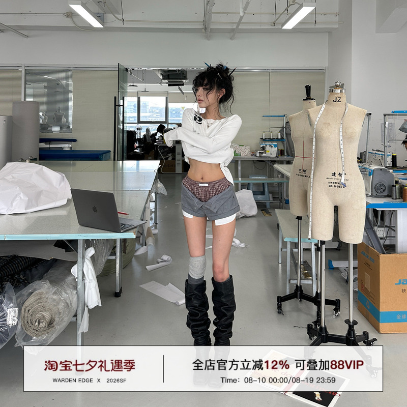 Korean Sweet Warden Edge Sugar Heart Fluttering Gray Double-Waist Plaid Shorts for Women Summer Spicy Low-Waist Pants