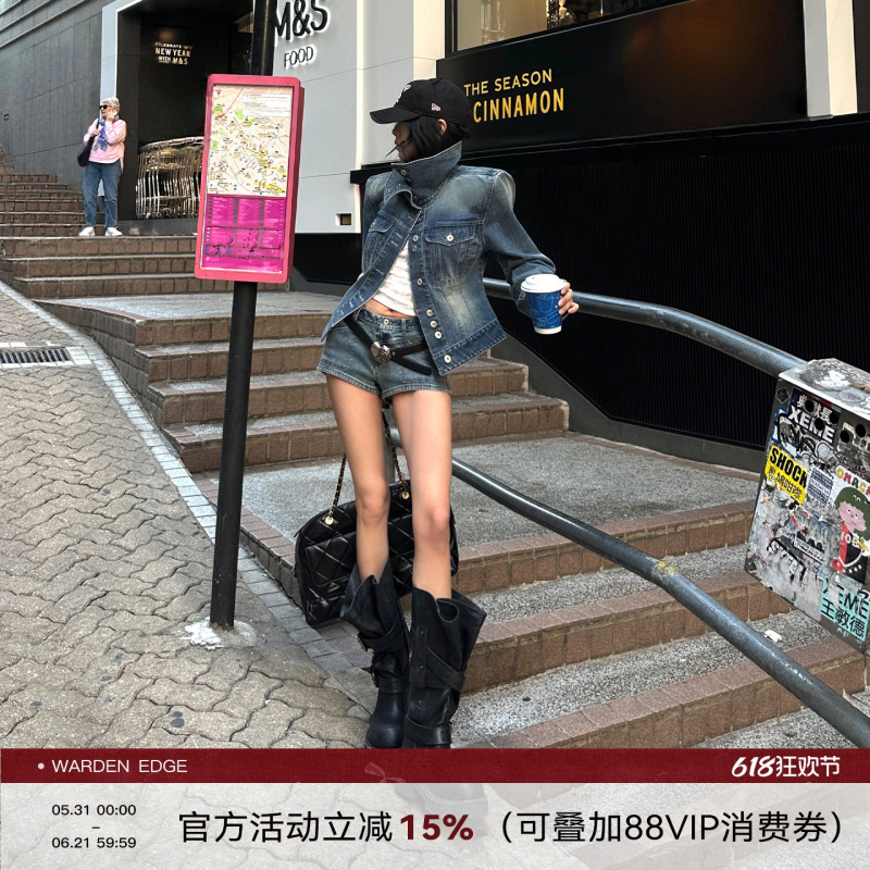 Korean Sweet Warden Edge Rebellious Denim Blue Washed Denim Jacket Women's Slim Short Stand Collar Top
