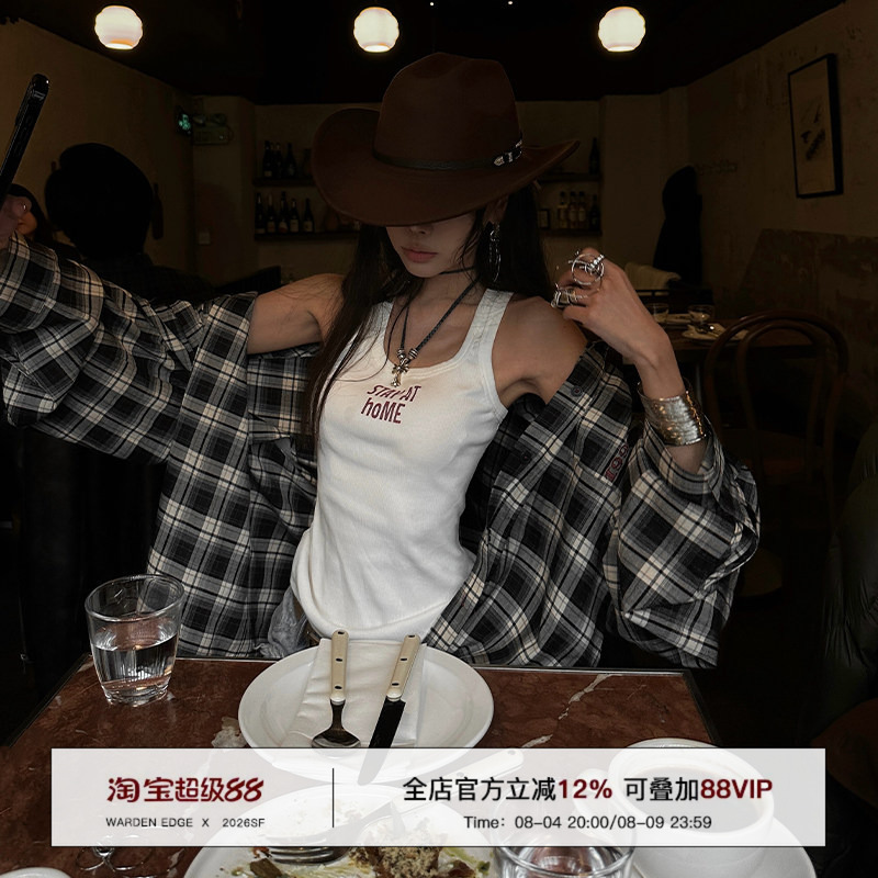 Han Hao Tian Warden Edge Western Wanderer Black Plaid Shirt Women's New Loose Lapel Long Sleeve Top Han Hao Tian Warden Edge Western Wanderer Black Plaid Shirt Women's New Loose Lapel Long Sleeve Top