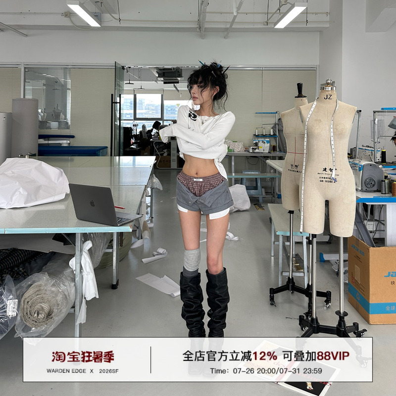 Korean Sweet Warden Edge Sugar Heart Fluttering Gray Double-Waist Plaid Shorts for Women Summer Spicy Low-Waist Pants Korean Sweet Warden Edge Sugar Heart Fluttering Gray Double-Waist Plaid Shorts for Women Summer Spicy Low-Waist Pants