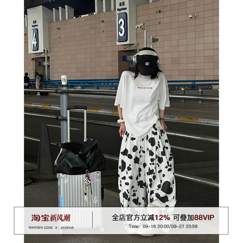 Han Hao Tian Warden Edge Heartbeat Mark Milk Pattern Print Casual Pants Women's Summer Loose Wide-Leg Pants Long Pants Han Hao Tian Warden Edge Heartbeat Mark Milk Pattern Print Casual Pants Women's Summer Loose Wide-Leg Pants Long Pants