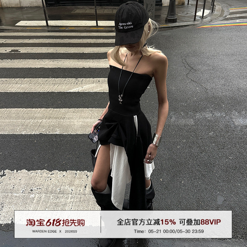 Hanhaotian Warden Edge Black Tube Top Dress for Women, New Summer Style, Slim Fit, Irregular Mid-Length Dress