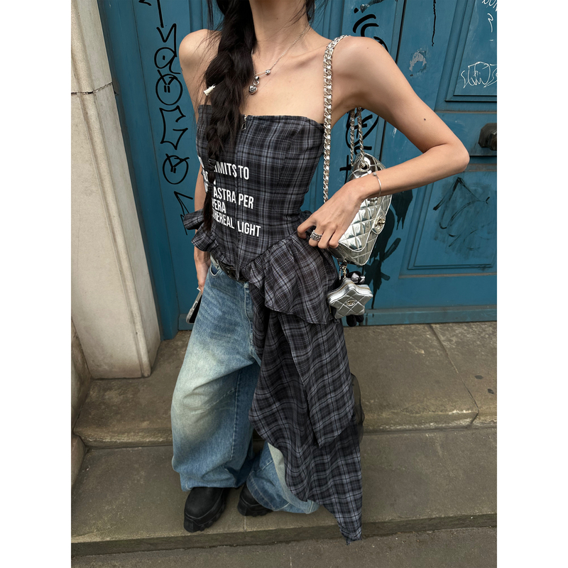 Han Hao Tian Warden Edge Escape from the City Gray Plaid Print Skirt Top Women's Summer Knitted Tube Top Han Hao Tian Warden Edge Escape from the City Gray Plaid Print Skirt Top Women's Summer Knitted Tube Top