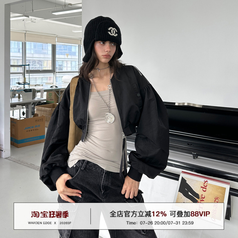 Hanhaotian Warden Edge Black Short Jacket for Women, Early Autumn New Style, Puff Sleeves, Loose, Hot Girl Style Coat Hanhaotian Warden Edge Black Short Jacket for Women, Early Autumn New Style, Puff Sleeves, Loose, Hot Girl Style Coat