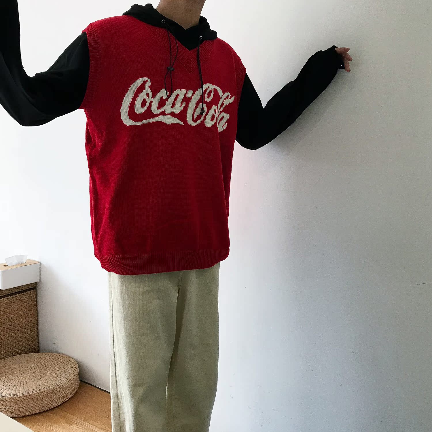 19studio áo len mùa thu và mùa đông giả logo cola Phiên bản Hàn Quốc V-cổ không tay áo vest đan áo len nam trung niên