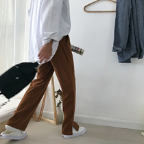  19studio Korean style ins retro loose mid-high waist bf style trousers slit wide-leg pants casual trousers men and women