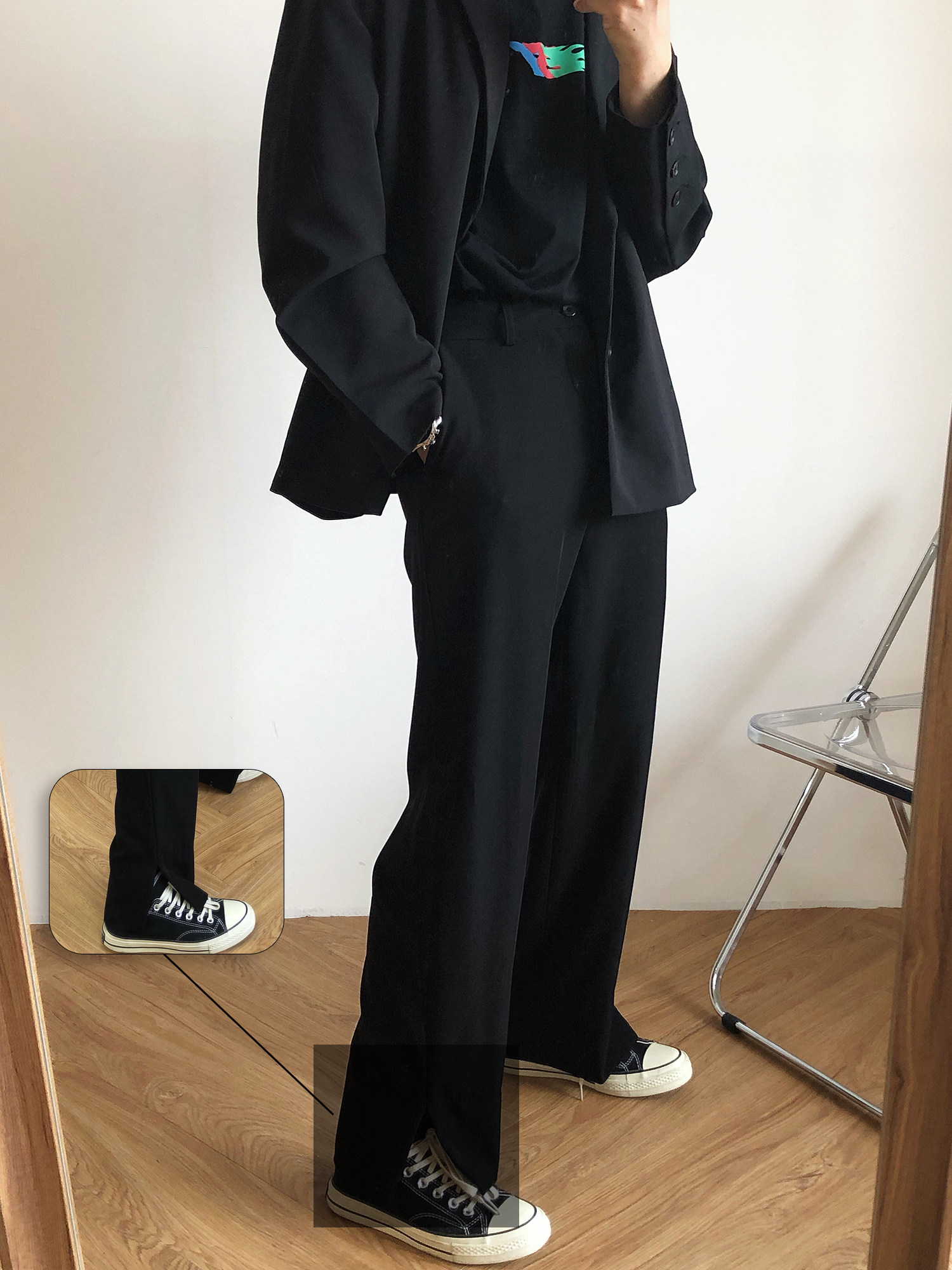 19studio Korean side split trousers straight mop pants trend drape sense loose slacks men