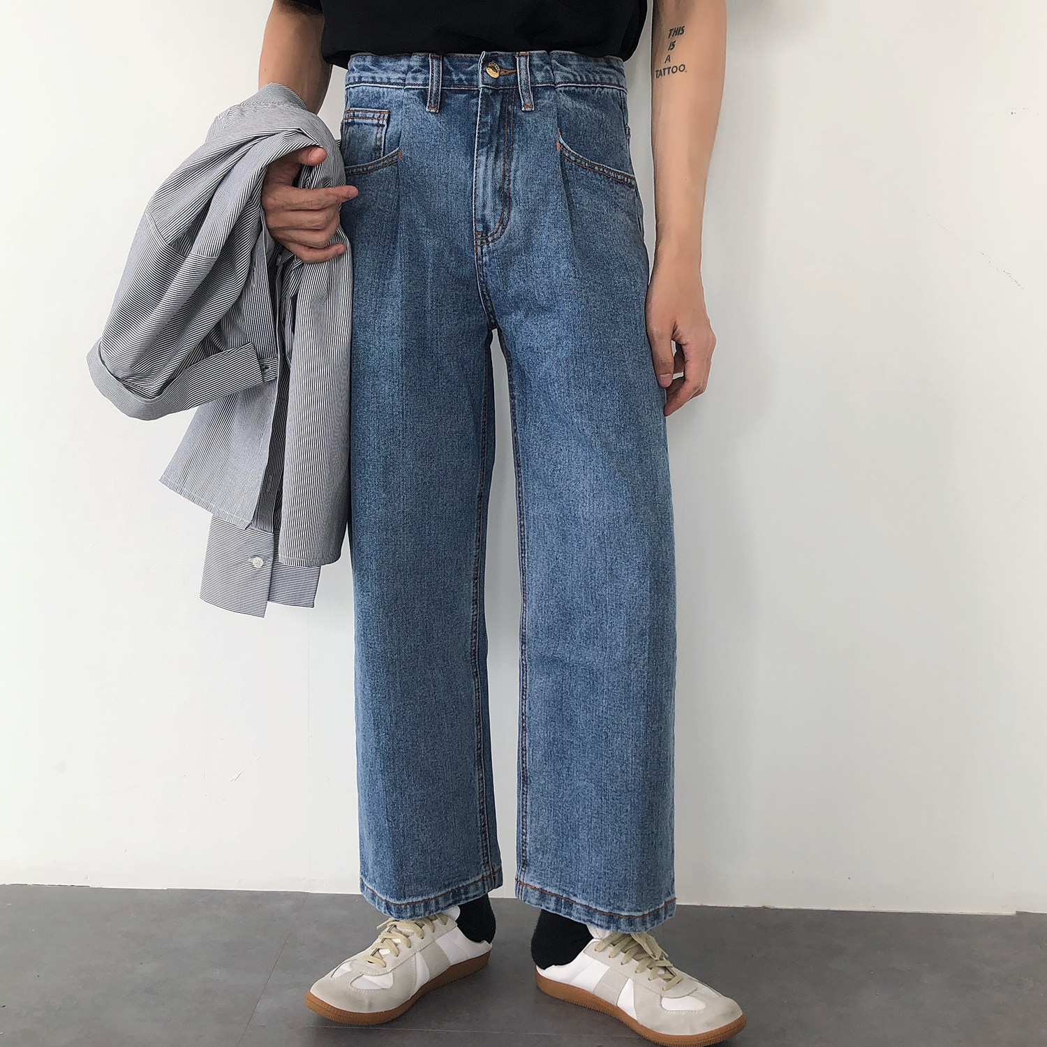 19studio 2020 new Dad wide leg pants retro washed wild loose straight nine-point jeans men