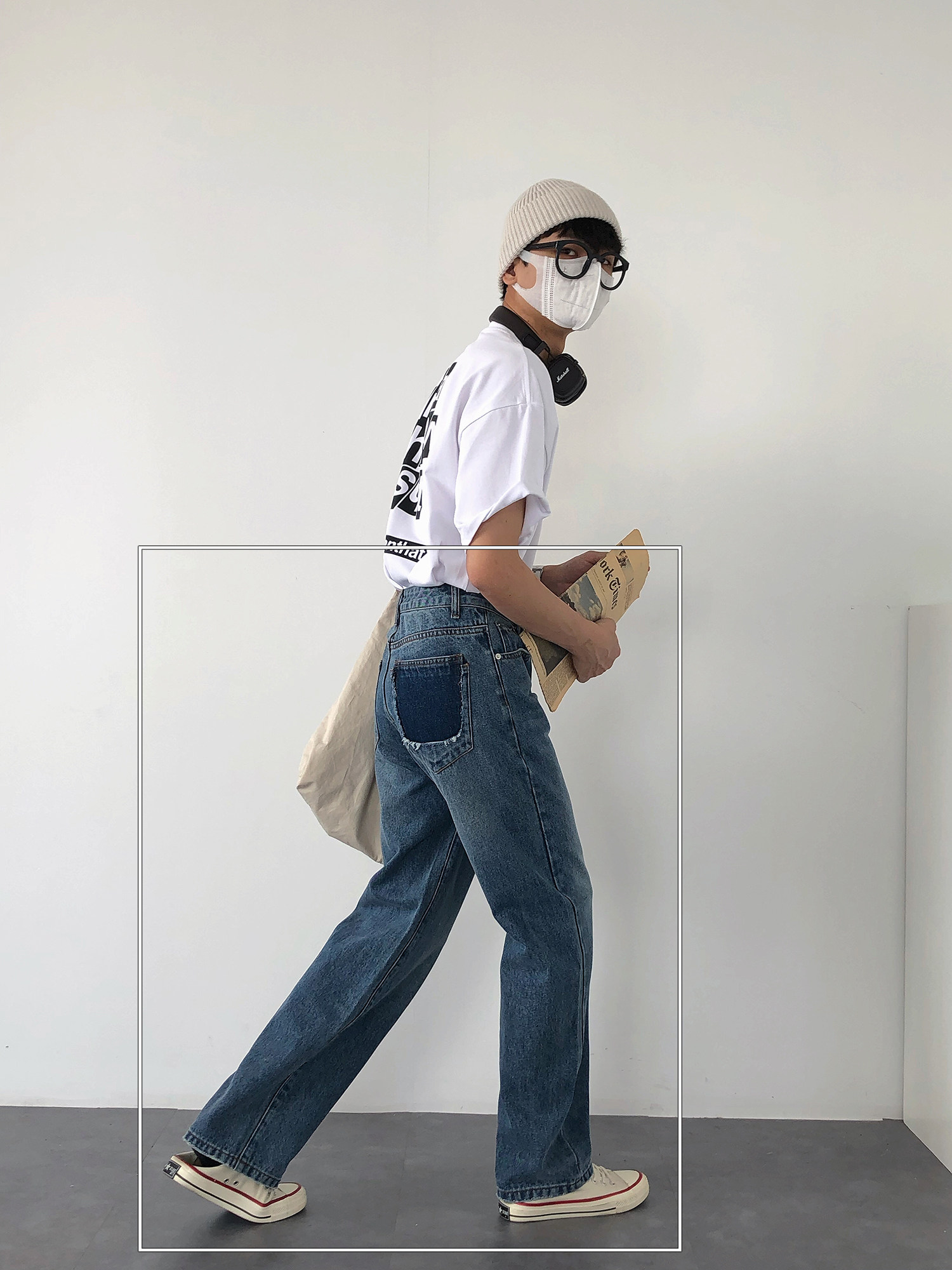 19studio Korean version vintage made old pocket detail ins wild trousers casual loose straight jeans men