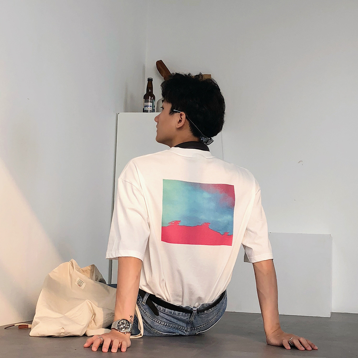 19studio summer top trend couple mens and womens models painted printing wild casual loose short-sleeved t-shirt men