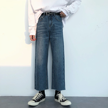 19studio Korea ulzzang mens 90% pants wool edge retro 100 lap loose pair of jeans male straight pants