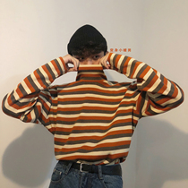 19studio warm color series high collar bottom stitch cardiovert Korean version blouse 100 lap loose streaks high collar sweater