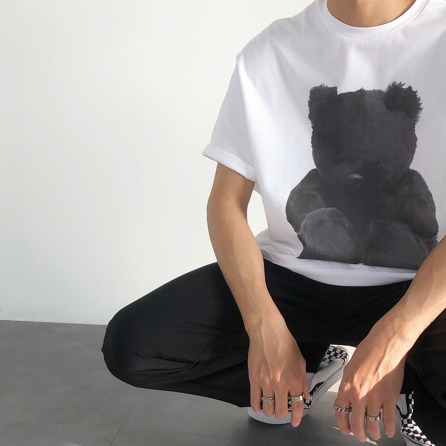 19studio bear print half sleeve base shirt pop brand cartoon wild couple loose short-sleeved t-shirt and mens and womens models