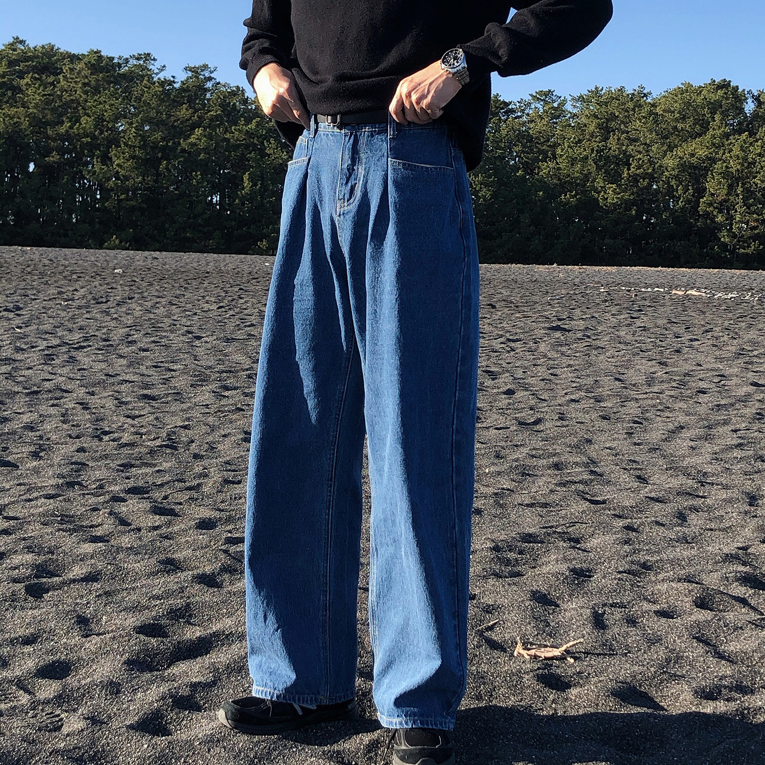 19studio wide leg mopping pants Womens trousers Korean high-waisted dad pants couple straight loose jeans men