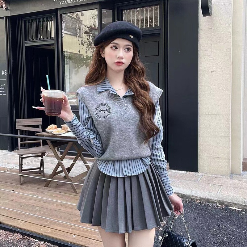 College Style Fashion Suit for Women, New Autumn Knitted Vest, Long-Sleeved Striped Shirt, High-Waisted Pleated Skirt