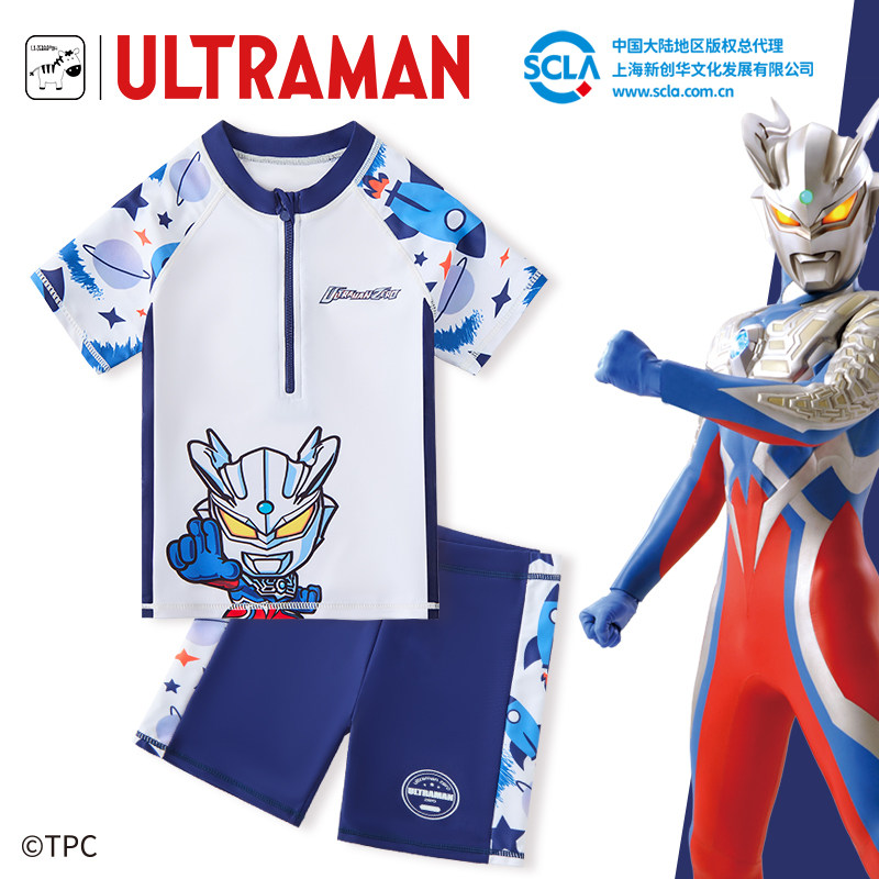ウルトラマンゼロの男の子用子供用水着、2026年新スタイル、速乾性ツーピース水着セット。