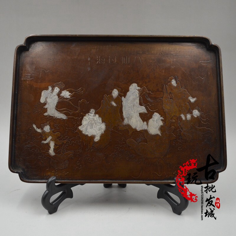 Antique collection Gilt bronze silver appreciation plate Qionglou Yuyu Eight immortals cross the sea ancestral offering plate Fruit plate Tea plate Collection ornaments