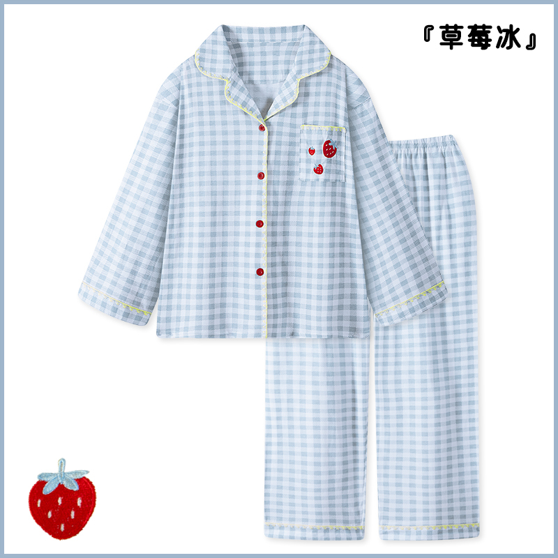 Blue Plaid Cute Pajamas for Women, Spring and Autumn, Pure Cotton Long-Sleeved Plaid Student Cotton Home Wear Set, Autumn and Winter Blue Plaid Cute Pajamas for Women, Spring and Autumn, Pure Cotton Long-Sleeved Plaid Student Cotton Home Wear Set, Autumn and Winter