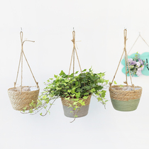 Pastoral woven straw hanging basket hanging flower pot balcony creative decoration green plant planting flower basket hanging pot pothos flower pot