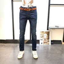 S mens summer wear small feet small straight tube dark blue elastic jeans pants