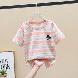 Girl pure cotton Stripes Short Sleeve T-Shirt Summer New arrival Loose Children's 100% Cartoon Animation T-Shirt Western Style