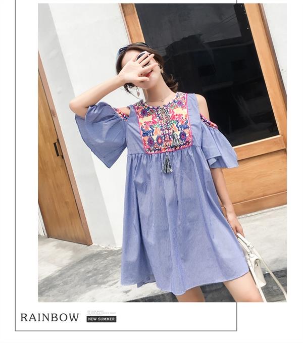Quần quây sọc cho bà bầu size lớn Một chiếc váy nơ năm 2019 mới thêu - Sản phẩm HOT váy babydoll
