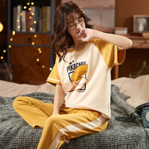 Cotton pajamas womens summer short sleeve trousers thin cute cartoon two-piece set home clothes Summer 2020 New