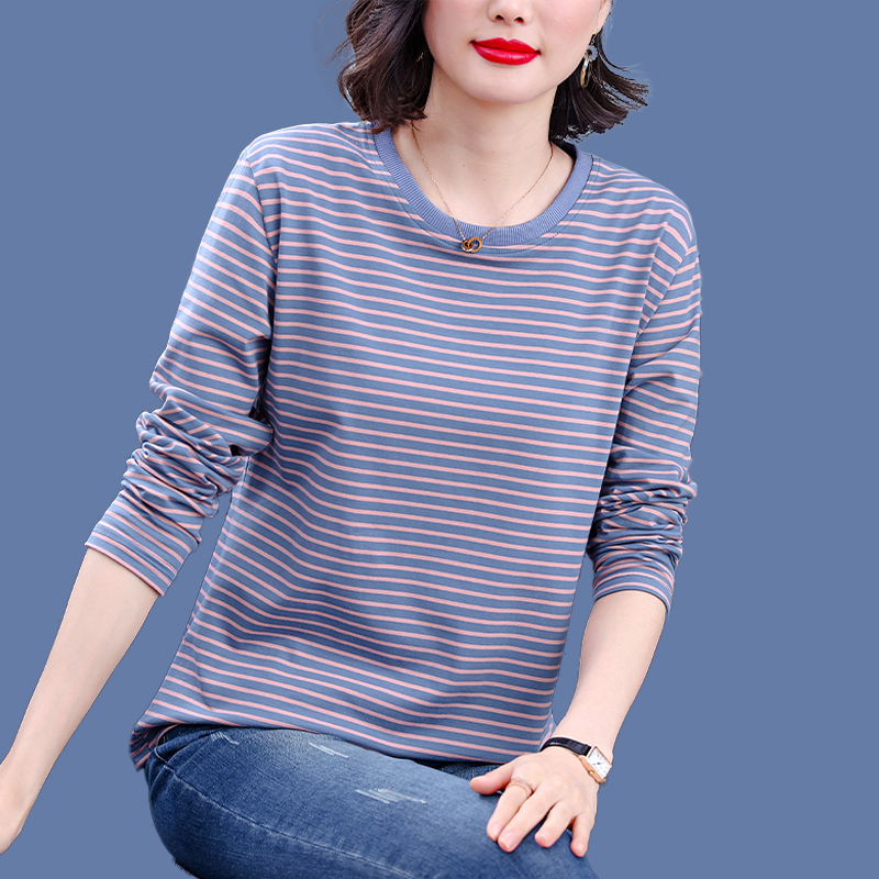 Cotton Striped Long-Sleeved T-Shirt for Women, Plus Size Top, New Spring and Autumn Style, Stylish Middle-Aged Mom Round Neck Loose Base Shirt