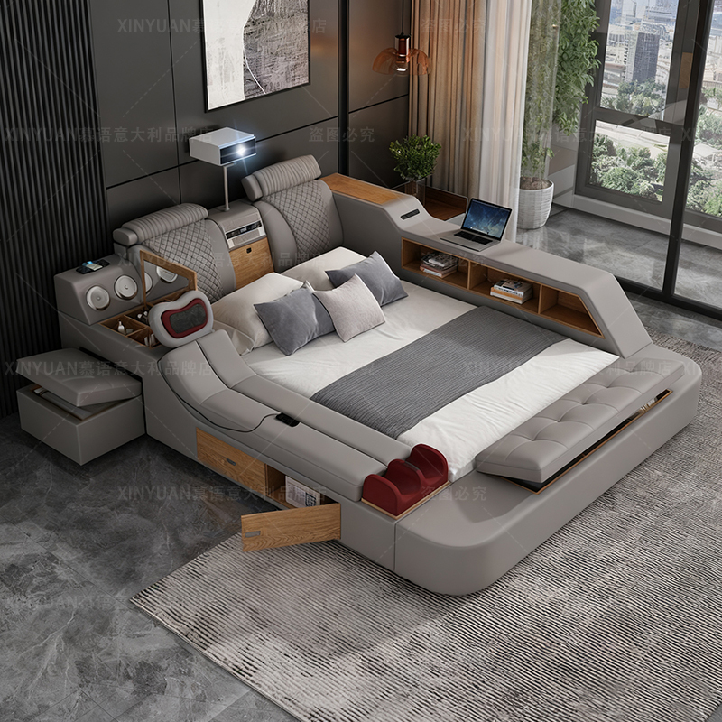 2026 New Model Smart Massage Leather Bed Master Bedroom 1.8m Double Multifunctional Bed Cabinet Integrated Large Bed
