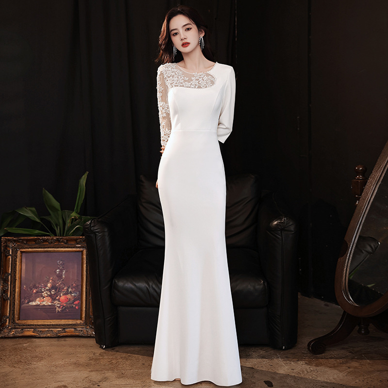 Fishtail Evening Dress Women's Autumn Banquet Classy Classy Elegant Host Accessible Luxury Celebrity Long White Dress Fishtail Evening Dress Women's Autumn Banquet Classy Classy Elegant Host Accessible Luxury Celebrity Long White Dress