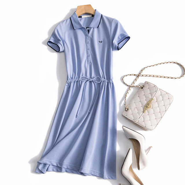 French order 23 spring and summer drawstring dress women's mid-length loose casual sports contrast lapel cotton shirt dress