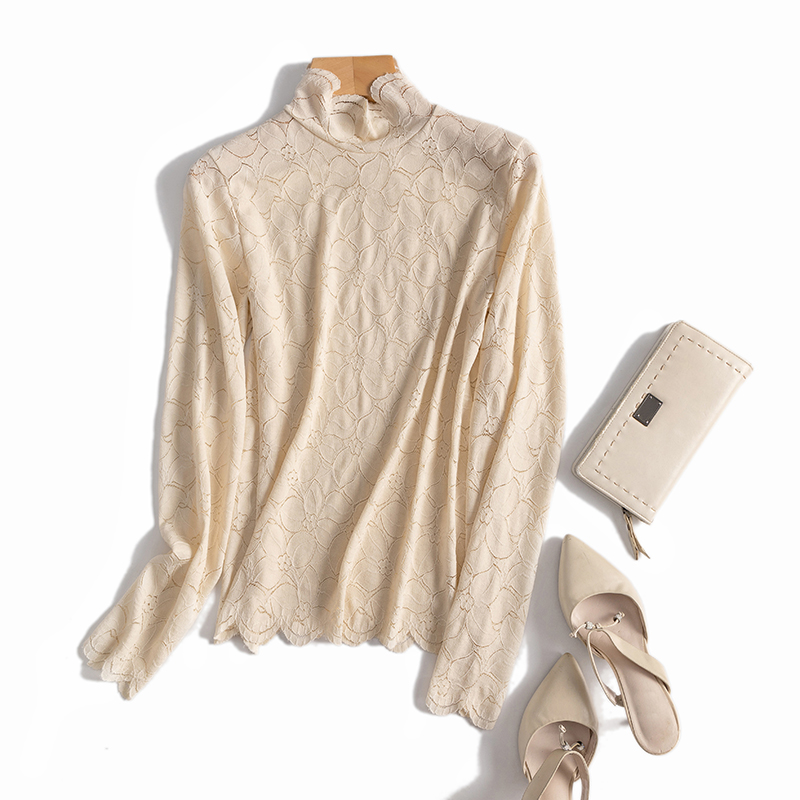 Leaf pattern high collar temperament self-cultivation all-match long-sleeved ladies T-shirt lace bottoming shirt autumn and winter tops