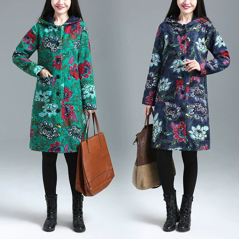 Mùa đông nữ phong cách mới kích thước lớn lỏng lẻo cộng với nhung dày in dài bằng vải cotton và áo khoác trùm đầu bằng vải lanh - Trench Coat