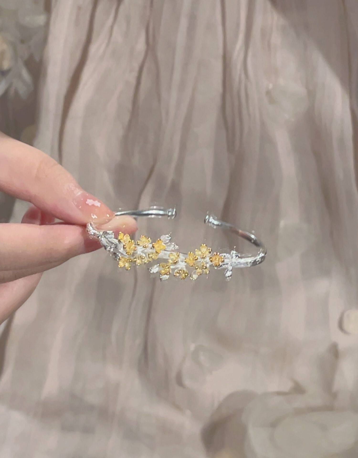 银饰手镯 楚噢chuo纯银s925银桂花月桂手镯开口可调节不掉色小众女生日礼物