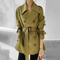 Mapping * Hong Kong light luxury slim slim waist womens autumn 2021 double breasted solid color windbreaker coat
