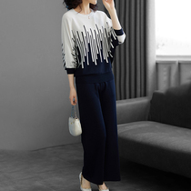 Mapping * Hong Kong light luxury slim slim womens autumn fashion stripes loose round neck two-piece set