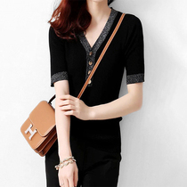 Mapping * Hong Kong light luxury womens clothing Light cooked wind womens slim stretch design sense Tencel half sleeve knitted top