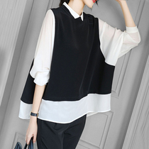 Mapping * Hong Kong light luxury womens loose size fashion foreign style design sense color pattern small silk shirt Women