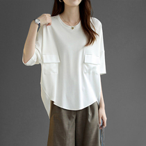 Mapping * Hong Kong light luxury slim slim women loose temperament bat sleeve stitching middle sleeve shirt top summer