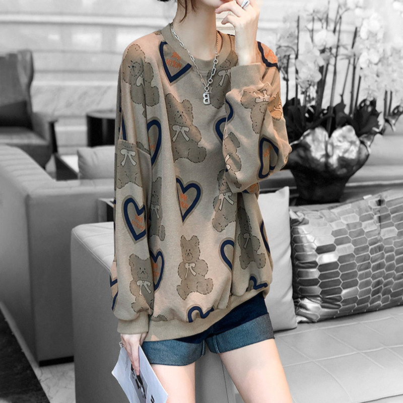 Mapping * Hong Kong light extravagant body thin women's clothing 2022 Fall loose sleeve head round neck long sleeve thick cotton T