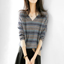 Mapping * Hong Kong light luxury slim slim womens autumn 2021 Plaid V neck straight long sleeve sweater