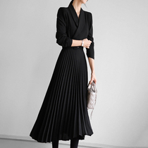 Mapping * Hong Kong light luxury women waist waist high end knee long sleeve temperament goddess Fan suit dress