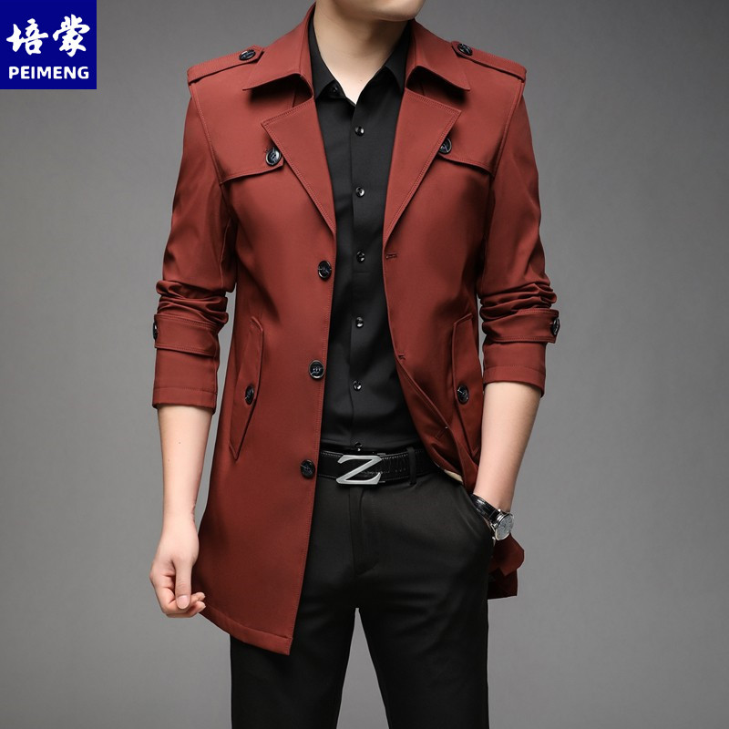 Peimeng Spring and Autumn Mid-Length Plus Size Trench Coat for Men, Casual Business Overcoat, Fleece-Lined and Thickened Winter Slim-Fit Jacket
