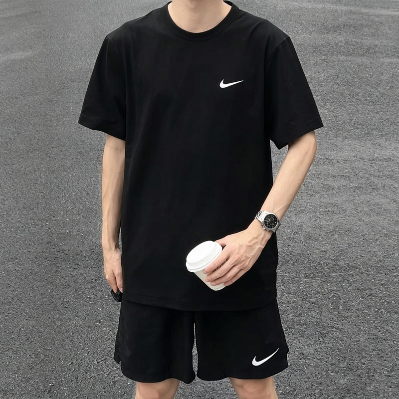 Nike Summer Casual Black Genuine Short-Sleeved Simple Small Logo Embroidered Men's and Women's Pure Cotton Breathable Round Neck Top Bv0508