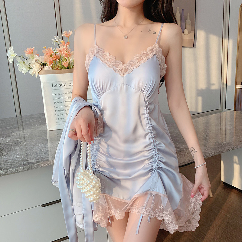 Nightgown Women Summer 2022 Ice Silk Sexy Pure Desire Suspender Nightgown With Chest Cushion Premium Lace Pajama Set