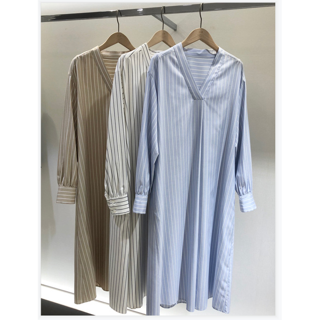 23Qu Original Striped 100% Silk Dress Loose V-Neck Long-Sleeve Mid-Length A-Line Dress Blue