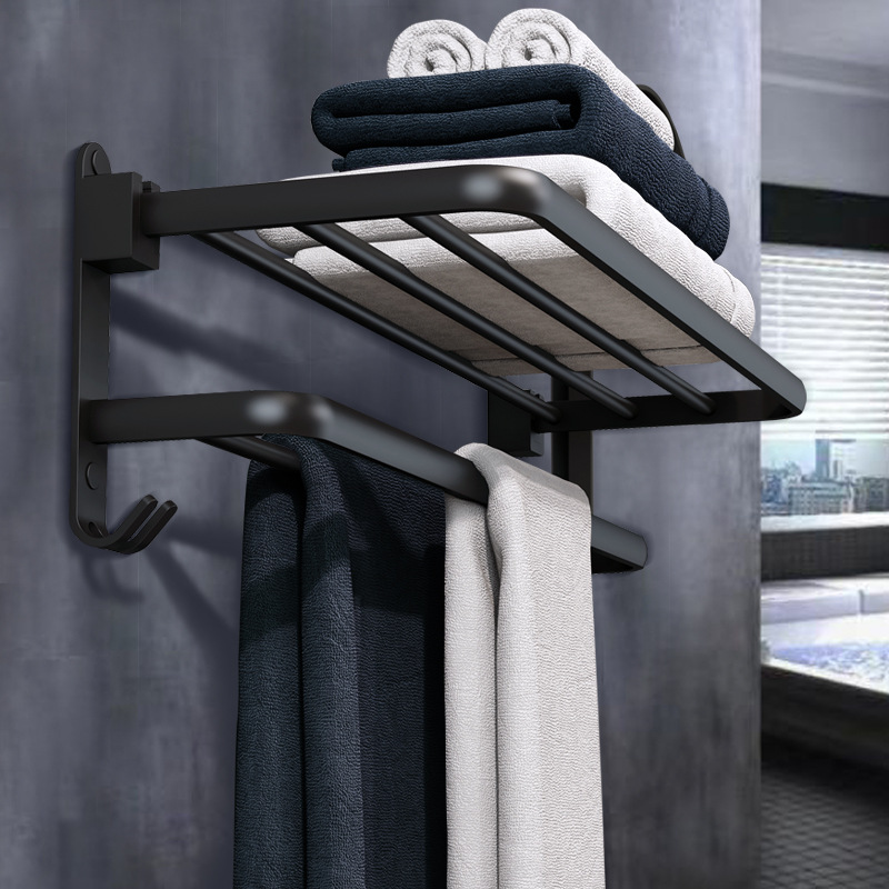 Hair Towel Rack Free From Punching Space Aluminum Makeup Room Shelve Black Bilayer Bath Towels Nordic Bathroom Pendant Suit